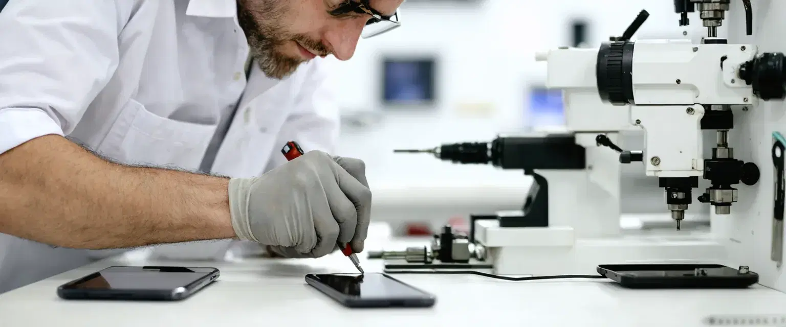 Techniker repariert ein Smartphone konzentriert an einem Werkstatt-Tisch