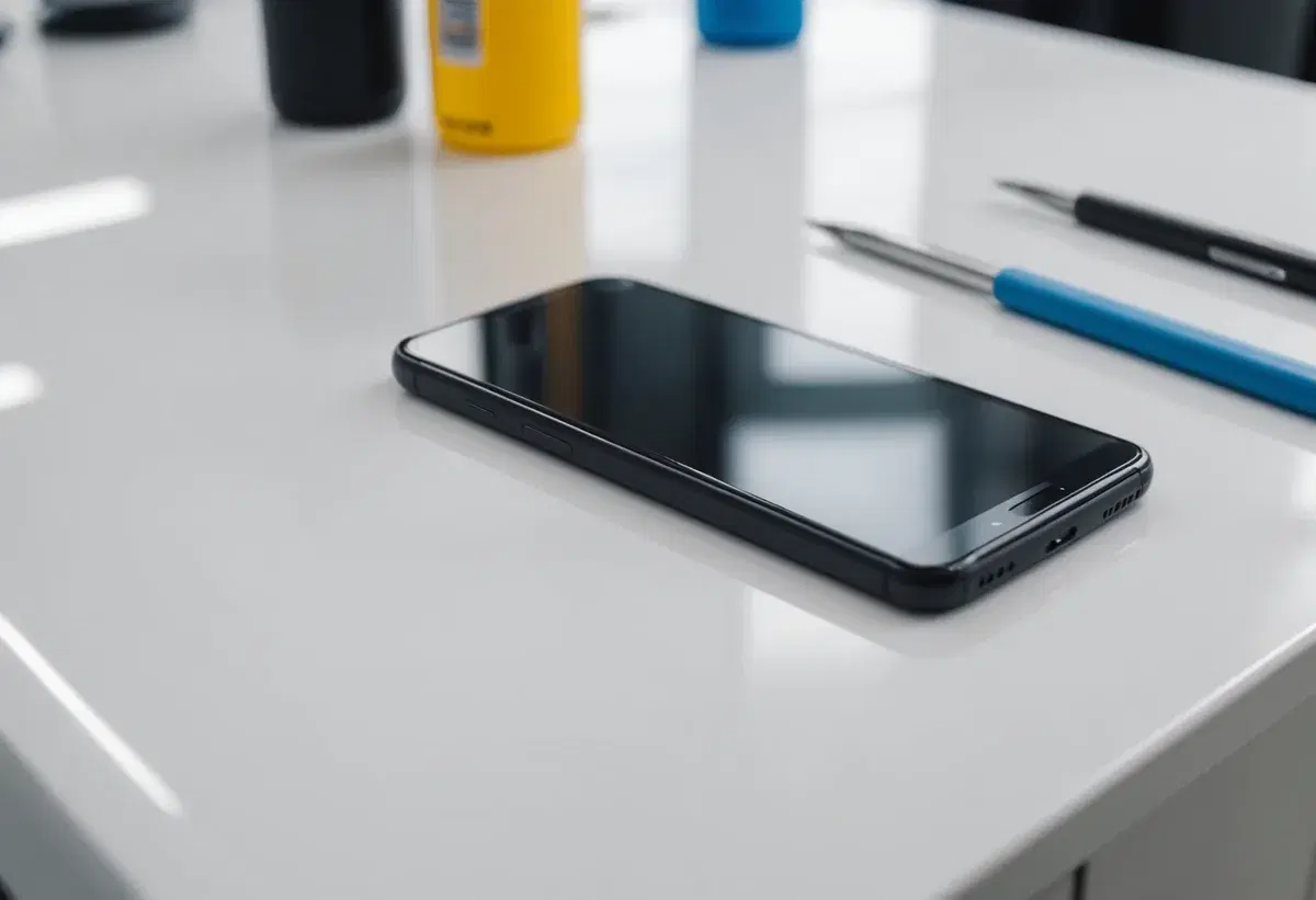 Repariertes Smartphone liegt fertig auf einem aufgeräumten Werkstatt-Tresen